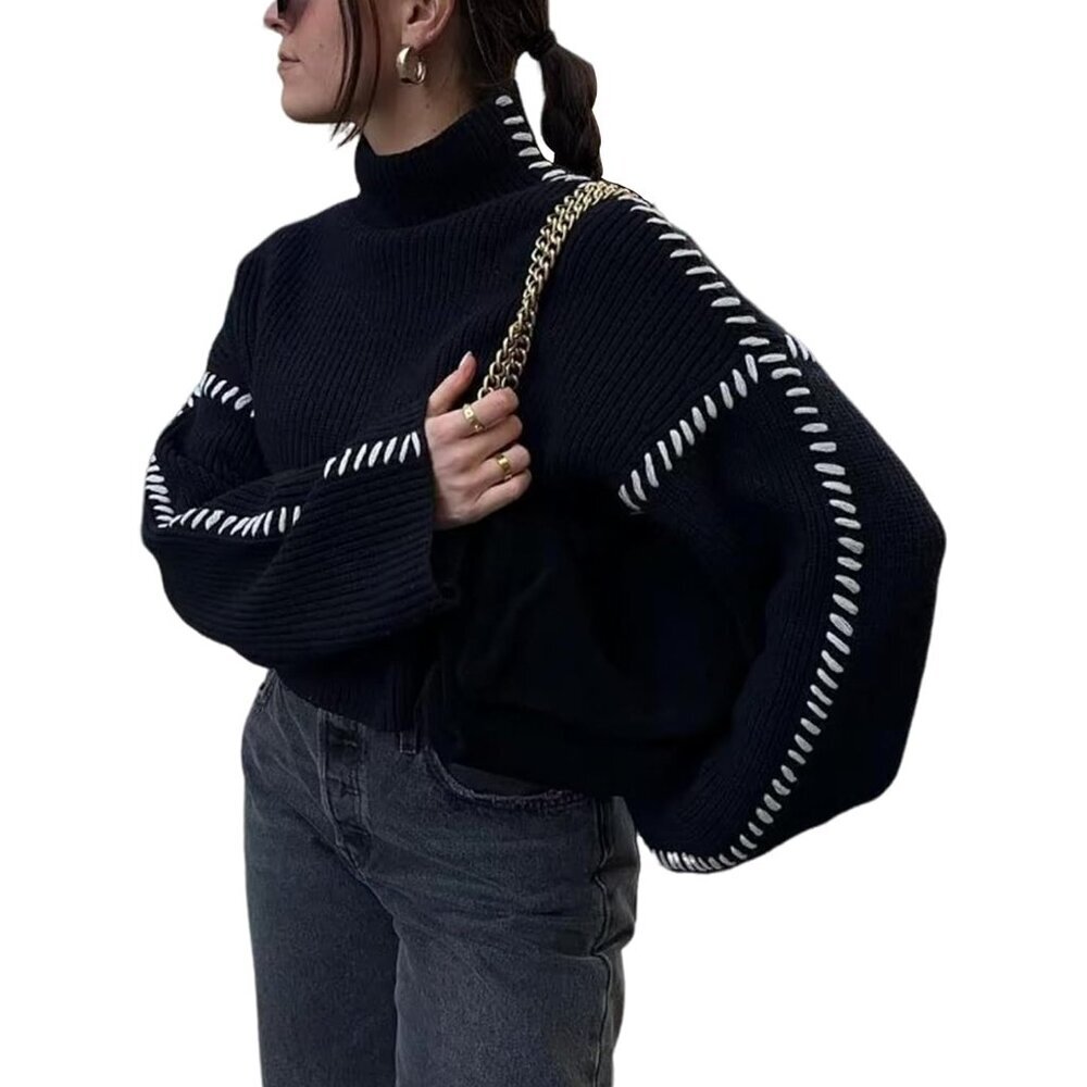 Women's Knit Turtleneck Sweater Chunky Oversized Long Sleeve Pullover